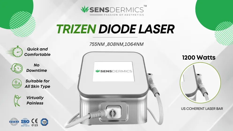 TRIZEN Diode Laser features - 755nm 808nm 1064nm, 1200 Watts, quick, no downtime, all skin types, virtually painless